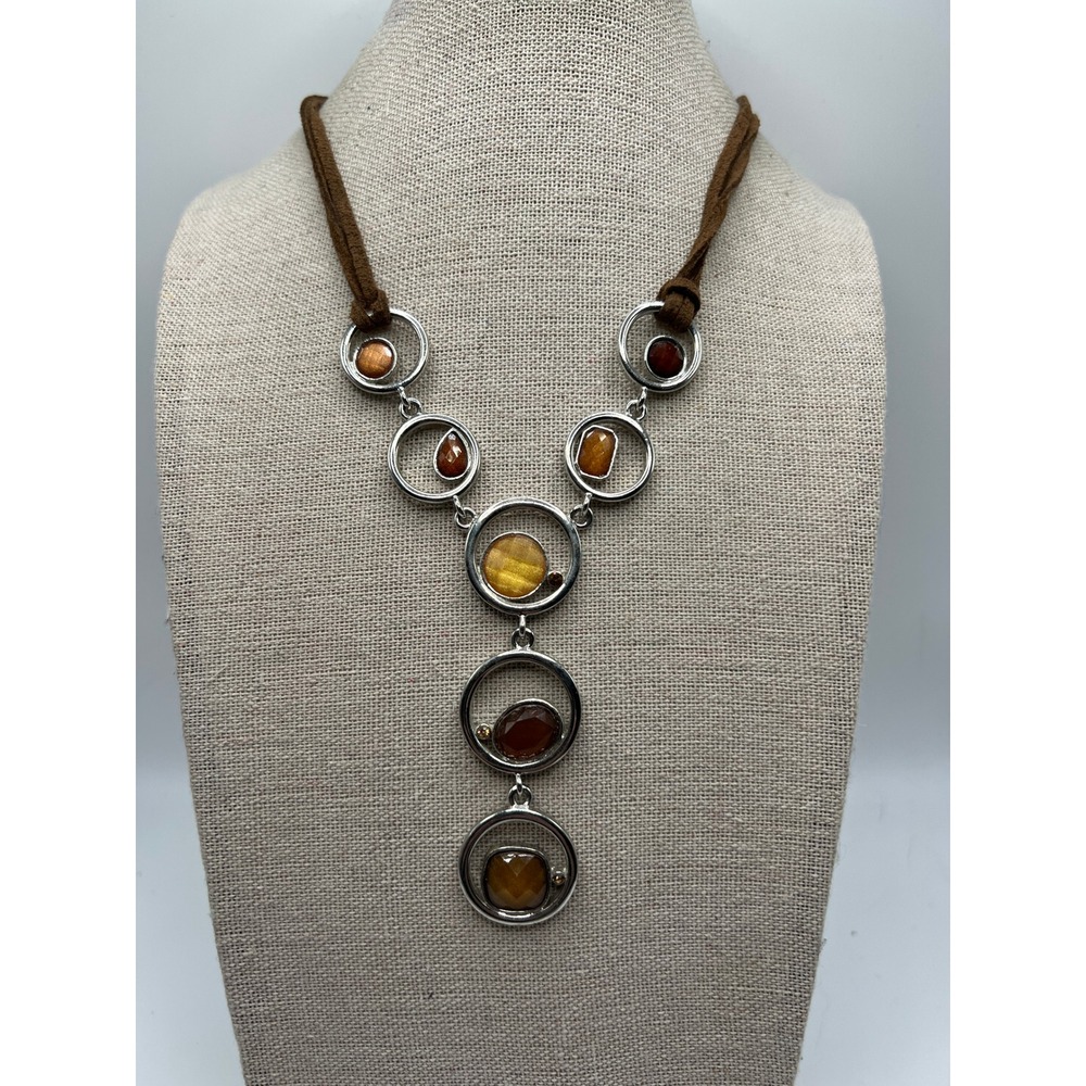 Lia Sophia Acrylic Pendant Necklace Boho Y2K Minimalist Silver Brown Suede 15in